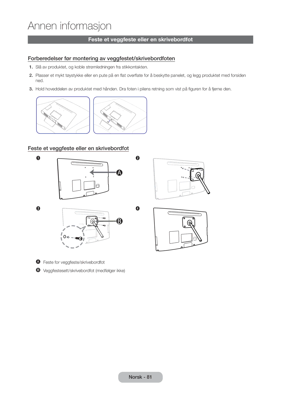 Samsung LT27C350EW/XE Feste et veggfeste eller en skrivebordfot, Forberedelser før montering av veggfestet/skrivebordfoten 