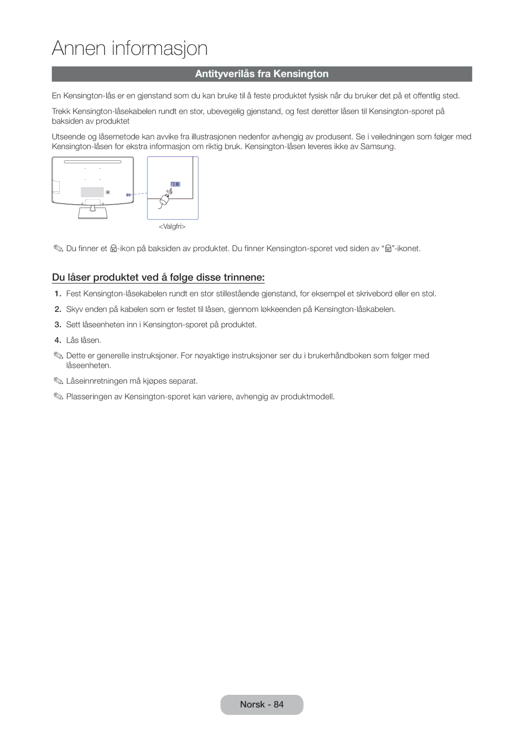 Samsung LT27C370EW/XE, LT27C350EW/XE manual Antityverilås fra Kensington, Du låser produktet ved å følge disse trinnene 