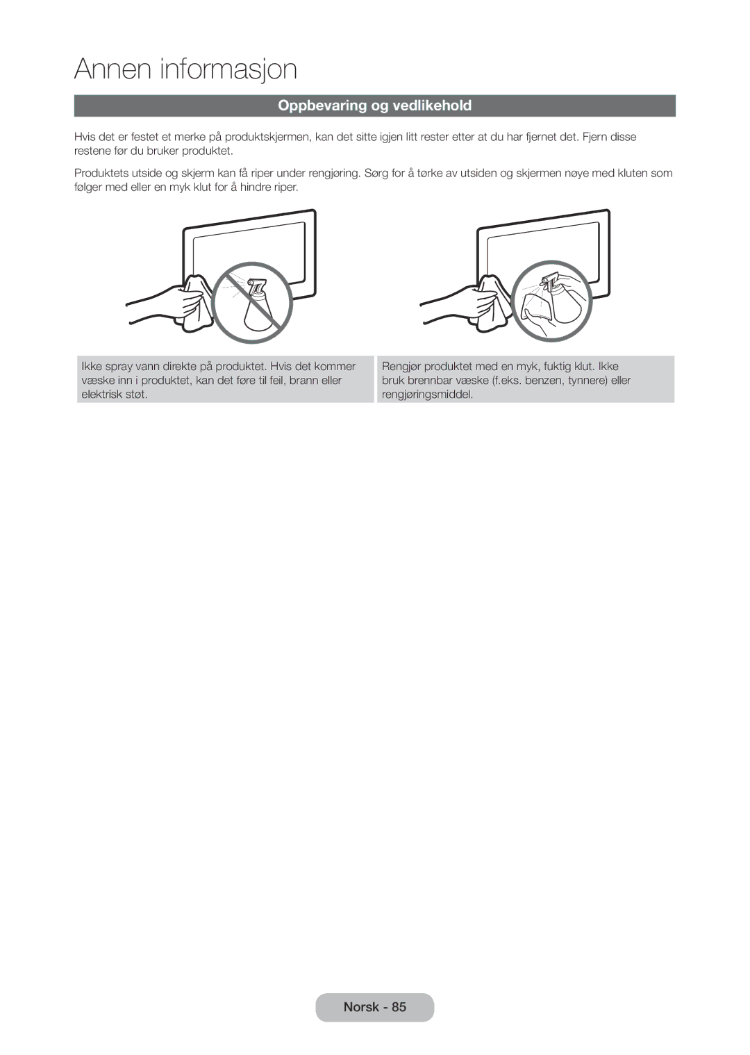 Samsung LT27C350EW/XE, LT27C370EW/XE, LT24C350EW/XE, LT23C350EW/XE manual Oppbevaring og vedlikehold 