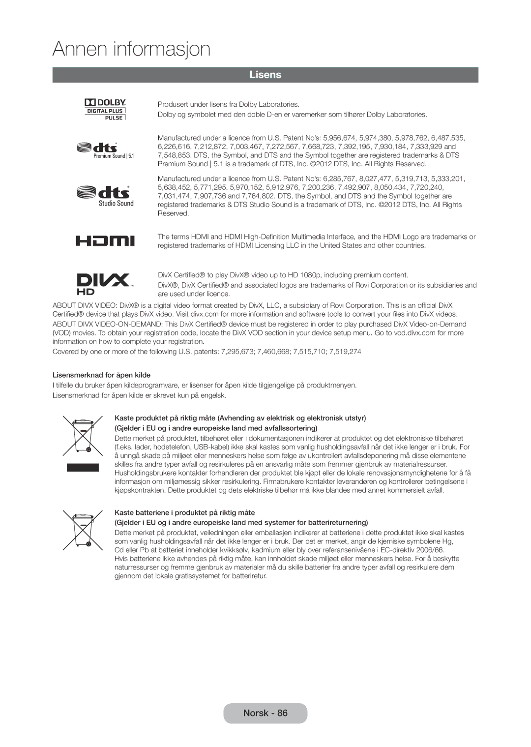 Samsung LT24C350EW/XE, LT27C370EW/XE, LT27C350EW/XE, LT23C350EW/XE manual Lisens 