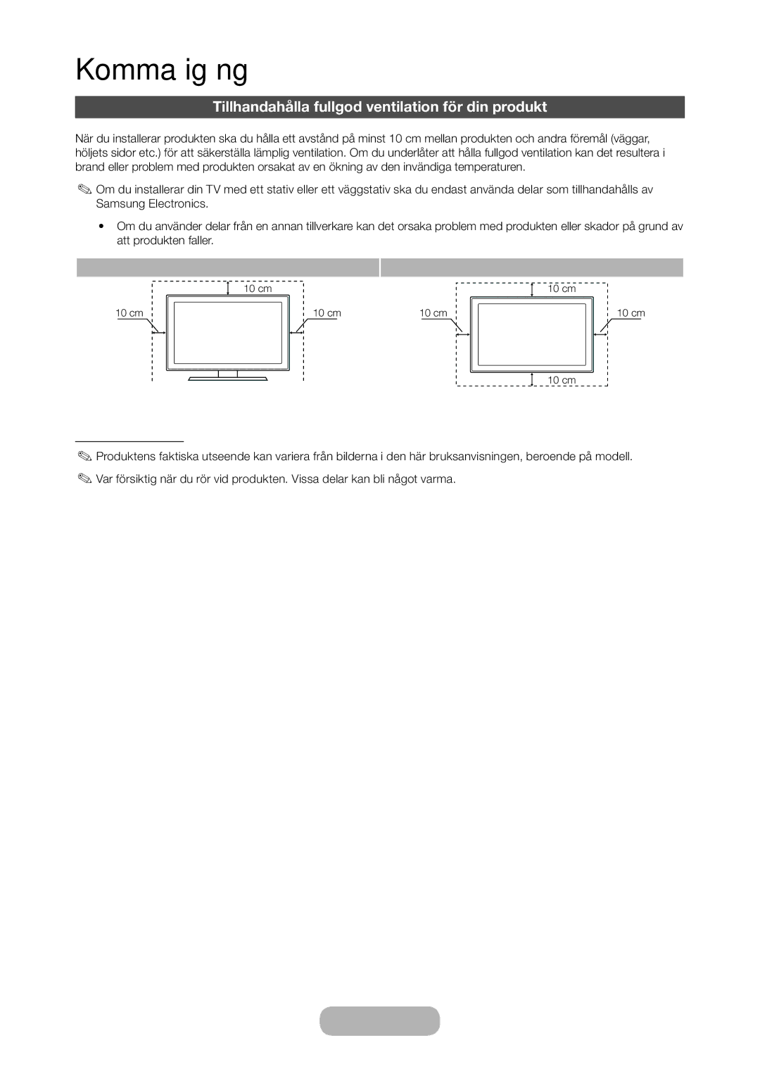 Samsung LT23C350EW/XE, LT27C370EW/XE, LT27C350EW/XE Tillhandahålla fullgod ventilation för din produkt, Andra varningar 