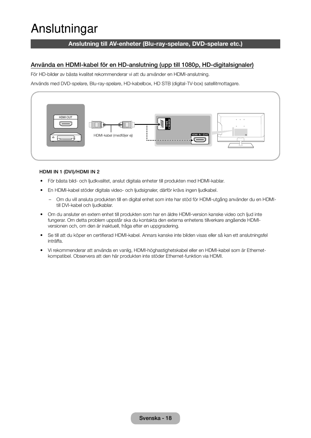 Samsung LT24C350EW/XE, LT27C370EW/XE manual Anslutningar, Anslutning till AV-enheter Blu-ray-spelare, DVD-spelare etc 