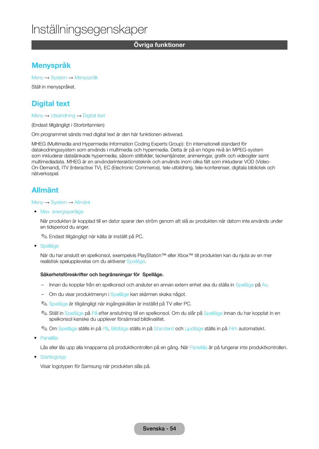 Samsung LT24C350EW/XE, LT27C370EW/XE, LT27C350EW/XE, LT23C350EW/XE manual Menyspråk, Digital text, Allmänt 