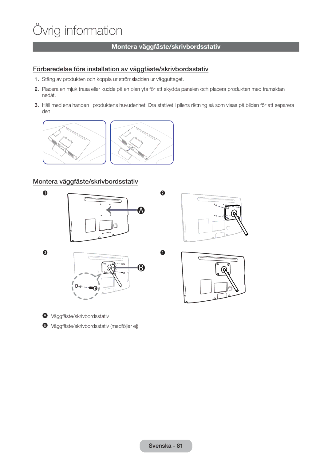 Samsung LT27C350EW/XE, LT27C370EW/XE, LT24C350EW/XE, LT23C350EW/XE manual Montera väggfäste/skrivbordsstativ 