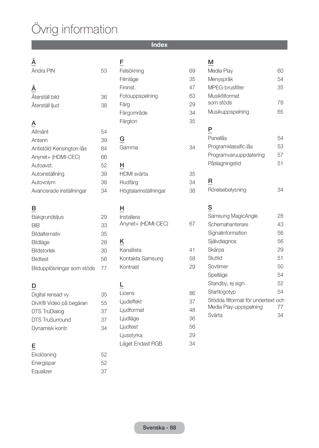 Samsung LT27C370EW/XE, LT27C350EW/XE, LT24C350EW/XE manual Index, Bildupplösningar som stöds, Stödda filformat för undertext 