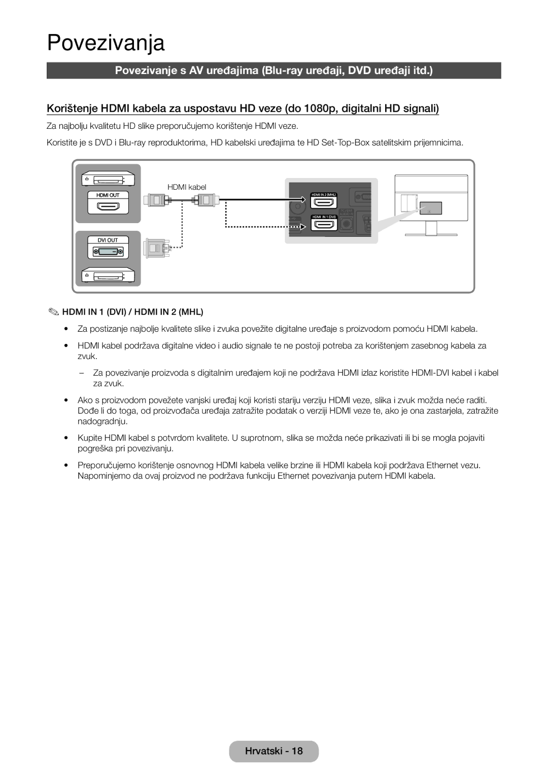 Samsung LT22D390EW/EN, LT27D390EW/EN manual Povezivanja, Povezivanje s AV uređajima Blu-ray uređaji, DVD uređaji itd 