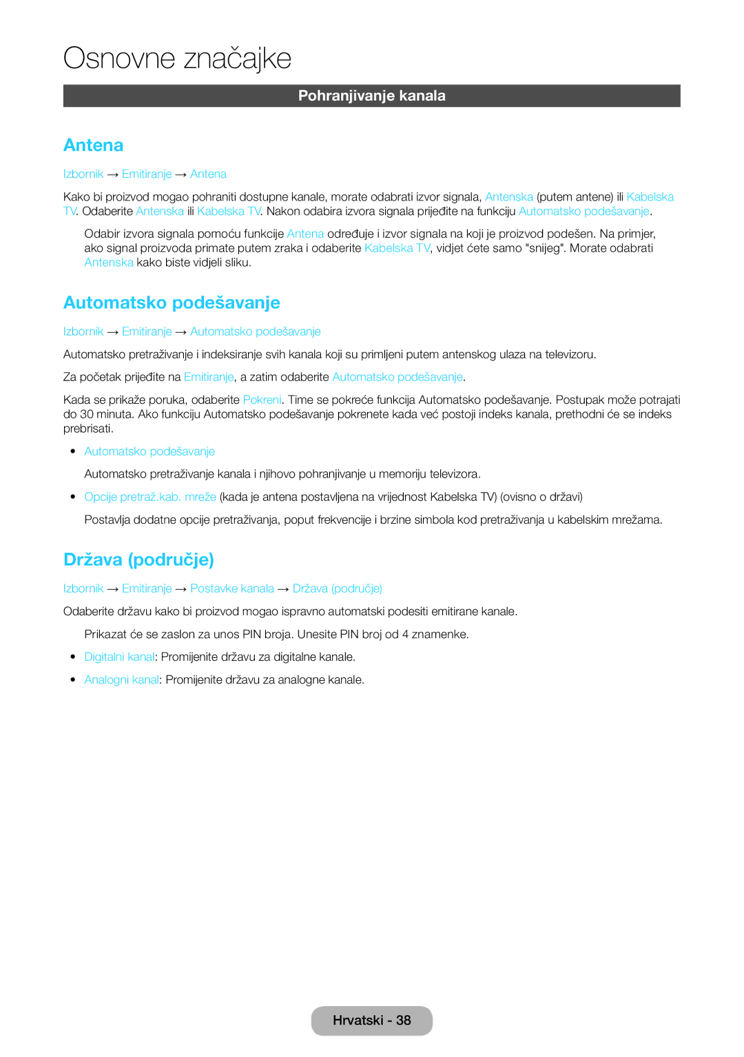 Samsung LT22D390EW/EN, LT27D390EW/EN, LT24D391EW/EN Antena, Automatsko podešavanje, Država područje, Pohranjivanje kanala 