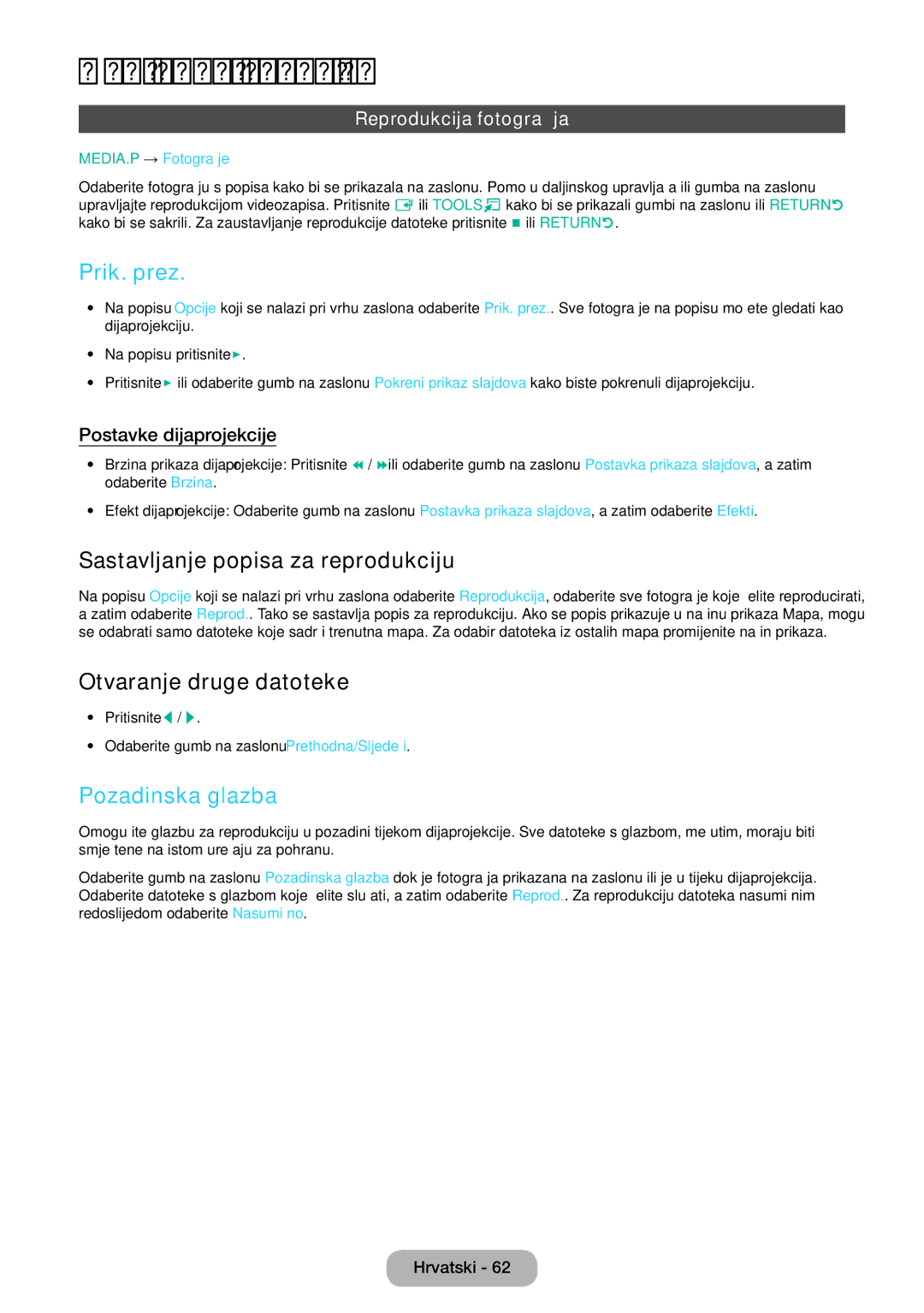 Samsung LT22D390EW/EN manual Prik. prez, Sastavljanje popisa za reprodukciju, Otvaranje druge datoteke, Pozadinska glazba 