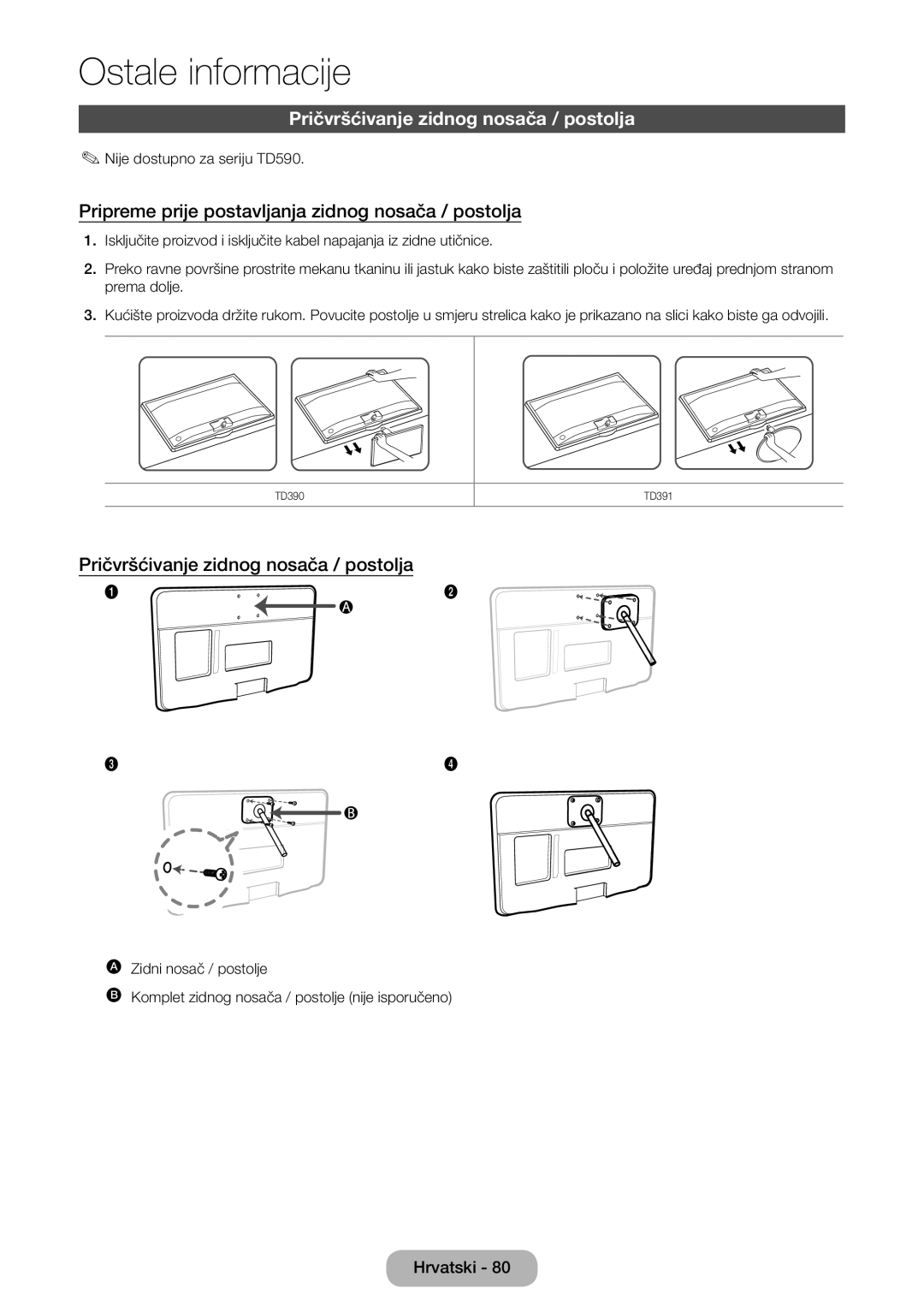 Samsung LT27D390EW/EN manual Pričvršćivanje zidnog nosača / postolja, Pripreme prije postavljanja zidnog nosača / postolja 