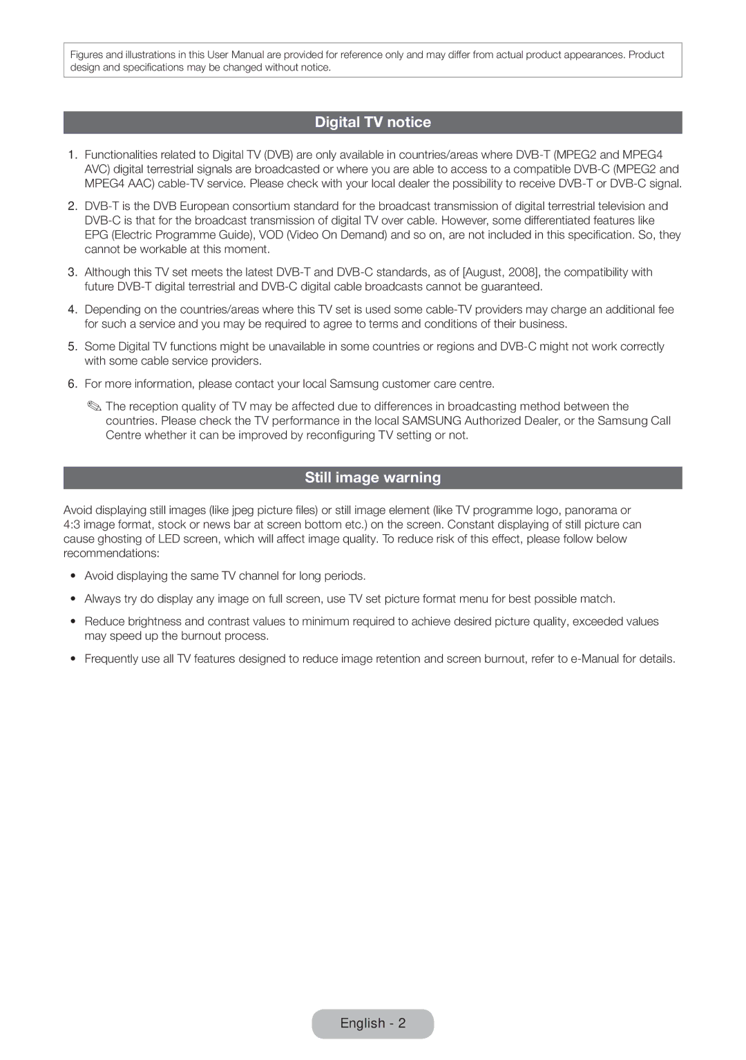 Samsung LT24D590EW/EN, LT27D390EW/EN, LT24D391EW/EN, LT22D390EW/EN, LT22D390EWB/EN Digital TV notice, Still image warning 