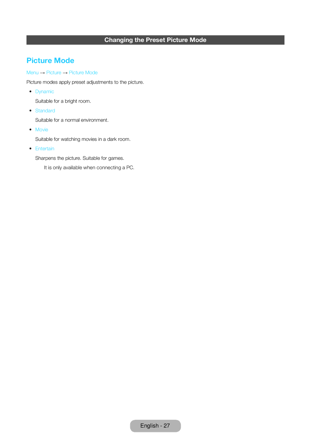 Samsung LT24D390EW/EN, LT27D390EW/EN, LT24D391EW/EN, LT24D590EW/EN, LT22D390EW/EN manual Changing the Preset Picture Mode 