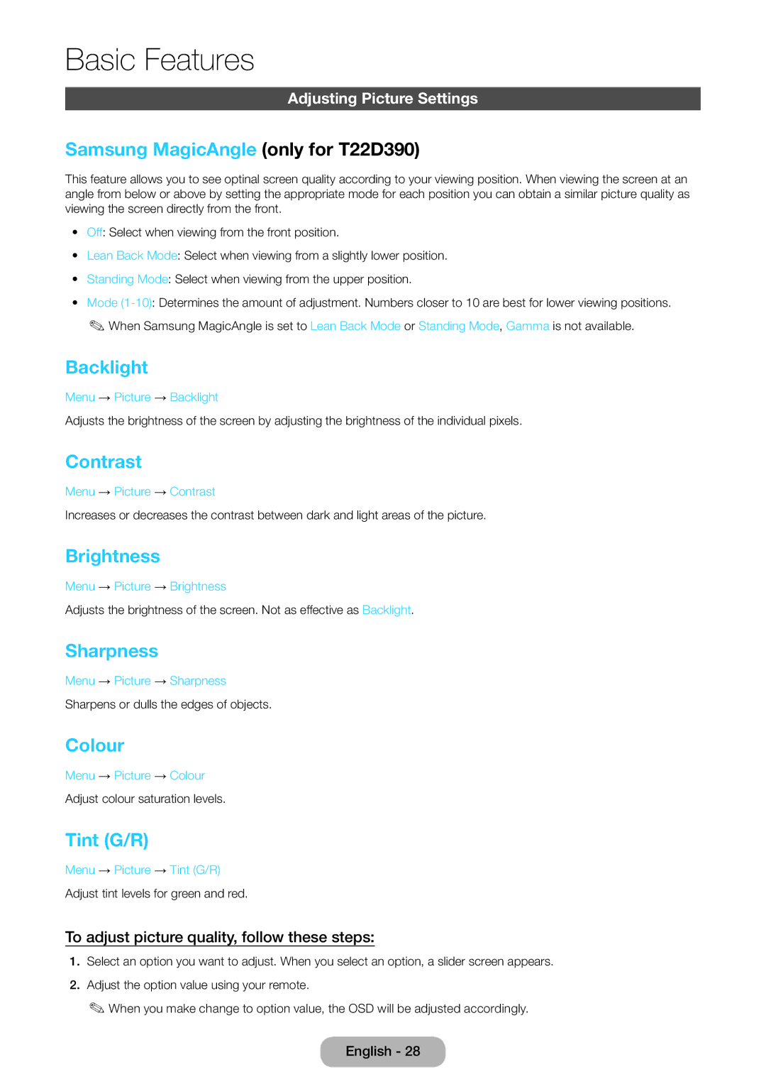 Samsung LT27D590EW/EN Samsung MagicAngle only for T22D390, Backlight, Contrast, Brightness, Sharpness, Colour, Tint G/R 