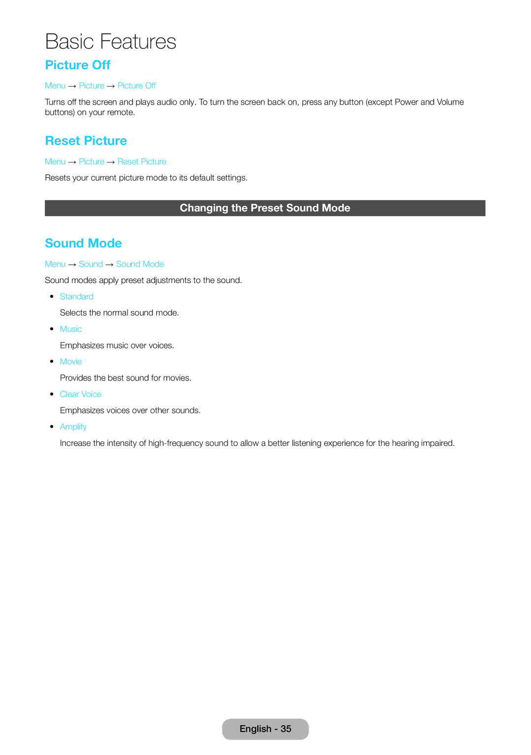 Samsung LT27D390EX/XE, LT27D390EW/EN, LT24D391EW/EN manual Picture Off, Reset Picture, Changing the Preset Sound Mode 