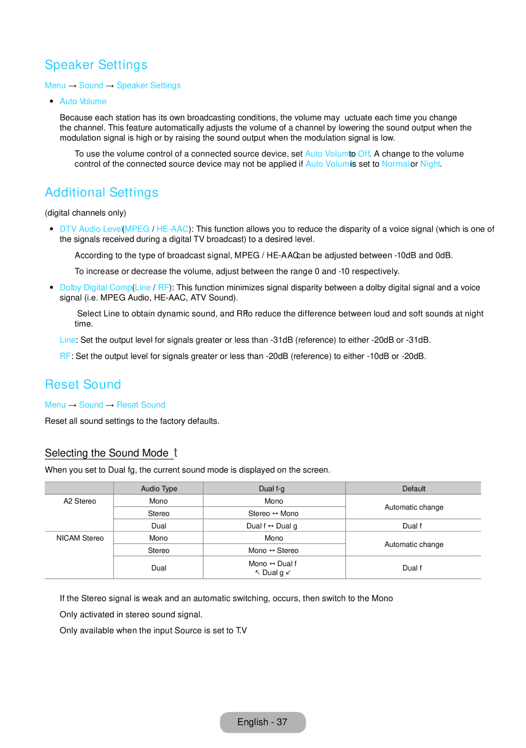 Samsung LT22D390EX/XE, LT27D390EW/EN manual Speaker Settings, Additional Settings, Reset Sound, Selecting the Sound Modet 