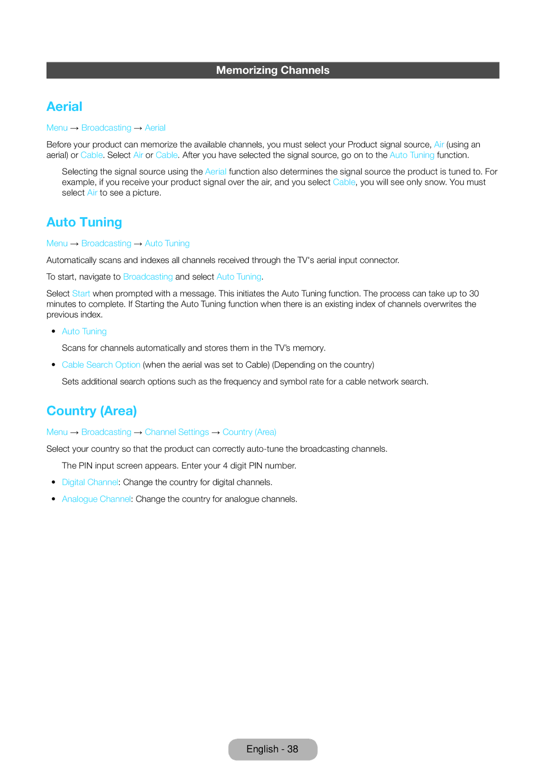 Samsung LT24D390EW/XE, LT27D390EW/EN, LT24D391EW/EN, LT24D590EW/EN Aerial, Auto Tuning, Country Area, Memorizing Channels 