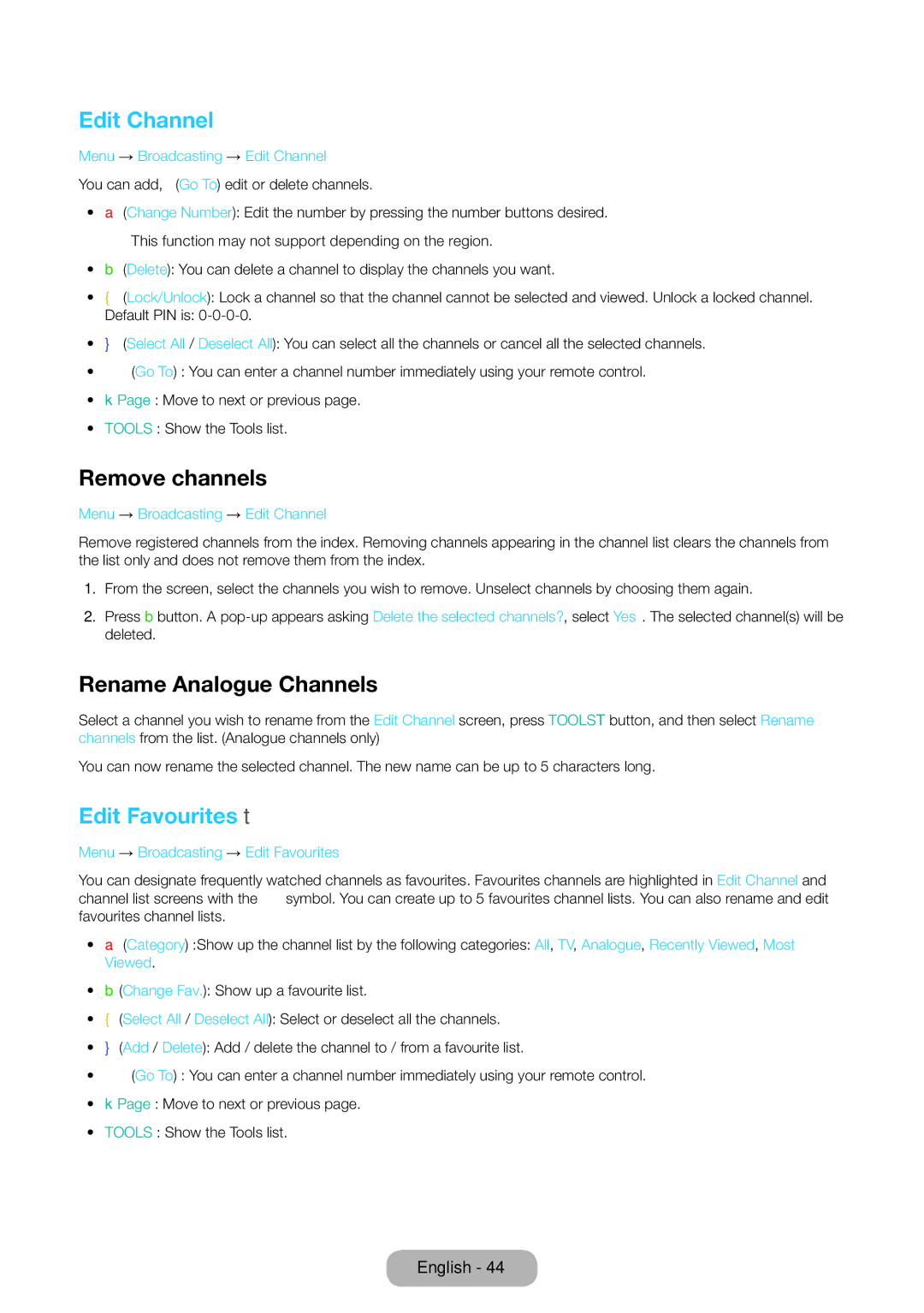 Samsung LT27D390EW/EN, LT24D391EW/EN manual Edit Channel, Remove channels, Rename Analogue Channels, Edit Favourites t 