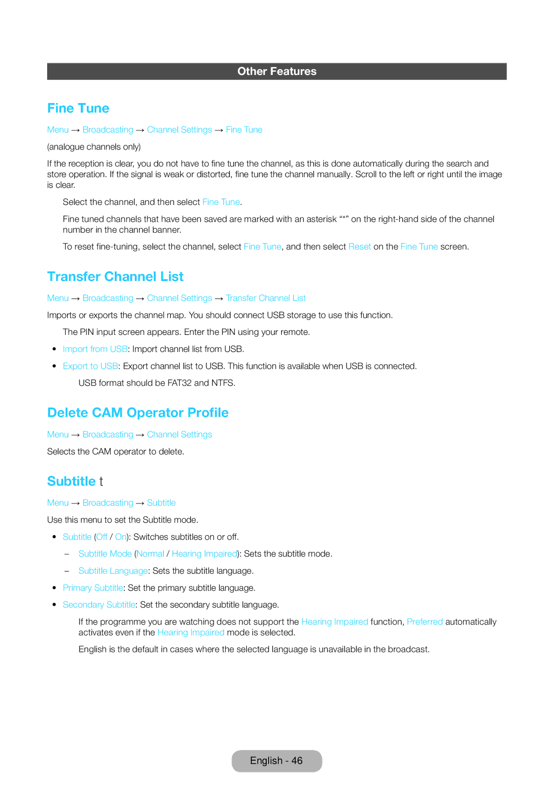 Samsung LT24D590EW/EN manual Fine Tune, Transfer Channel List, Delete CAM Operator Profile, Subtitle t, Other Features 