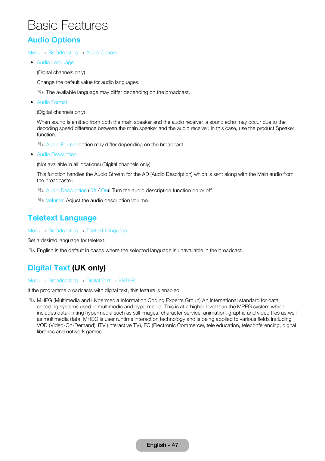 Samsung LT22D390EW/EN, LT27D390EW/EN, LT24D391EW/EN, LT24D590EW/EN Audio Options, Teletext Language, Digital Text UK only 