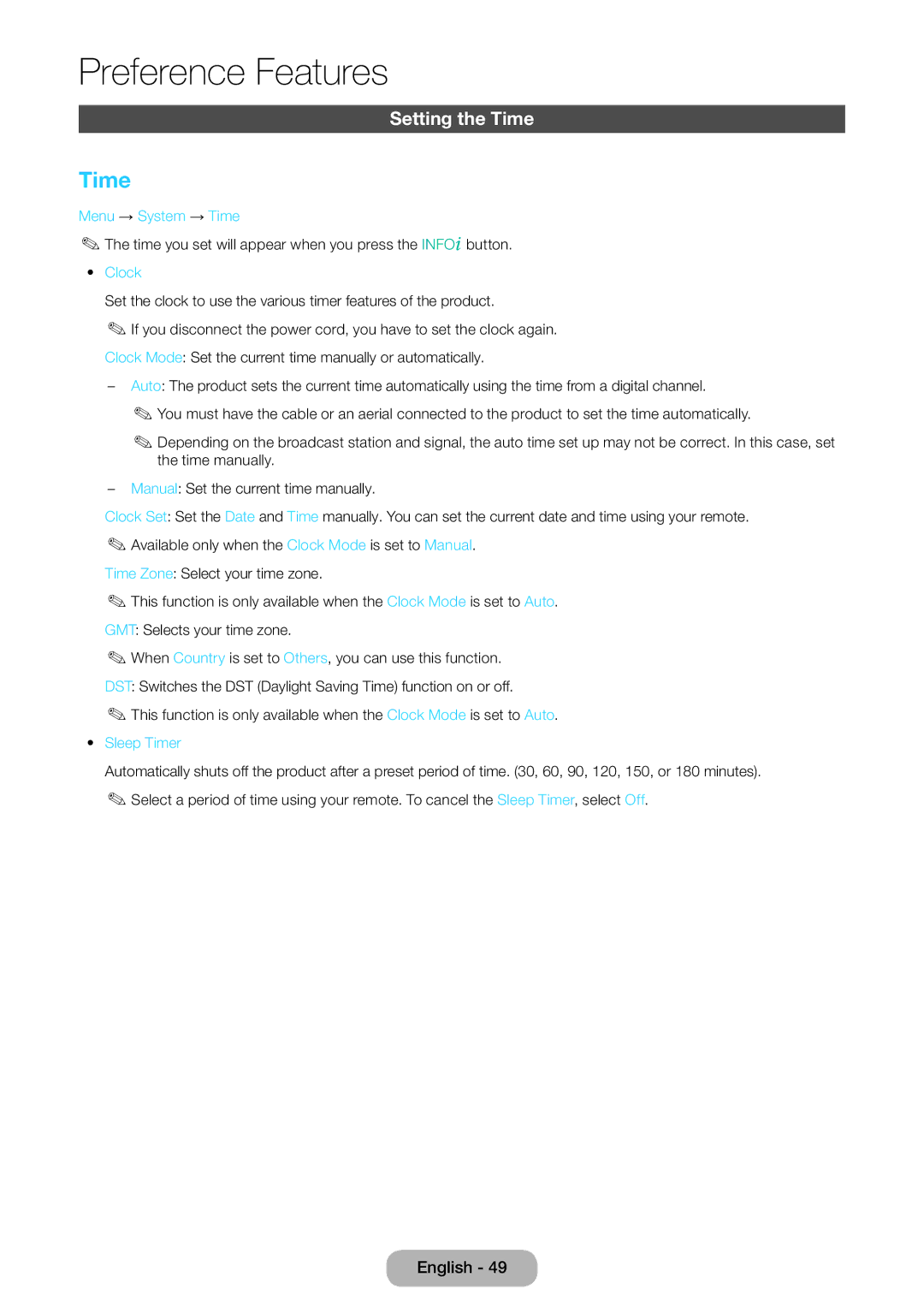 Samsung LT24D390EW/EN, LT27D390EW/EN, LT24D391EW/EN manual Setting the Time, Menu → System → Time, Clock, Sleep Timer 