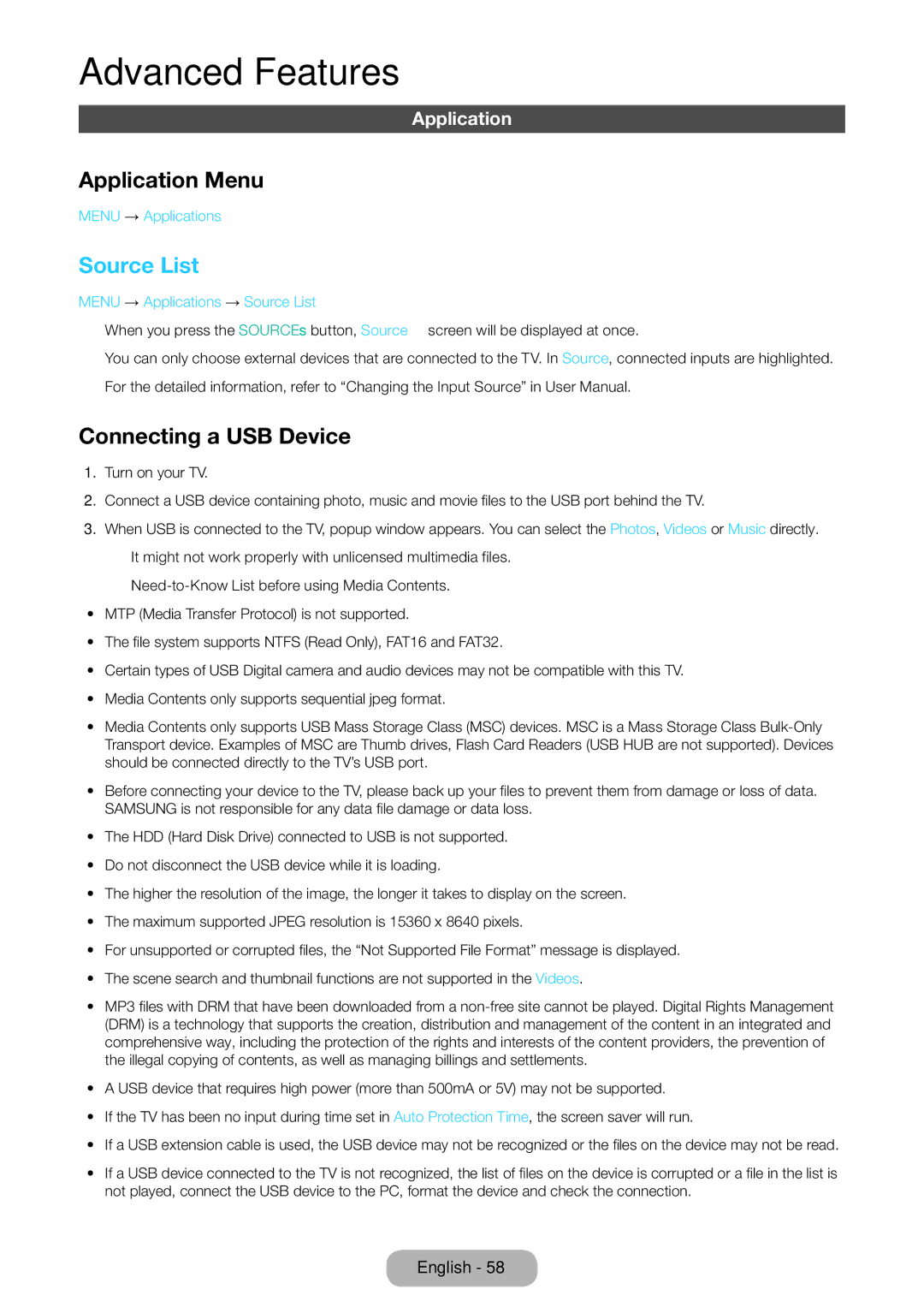 Samsung LT24D590EW/XE, LT27D390EW/EN, LT24D391EW/EN, LT24D590EW/EN Application Menu, Source List, Connecting a USB Device 