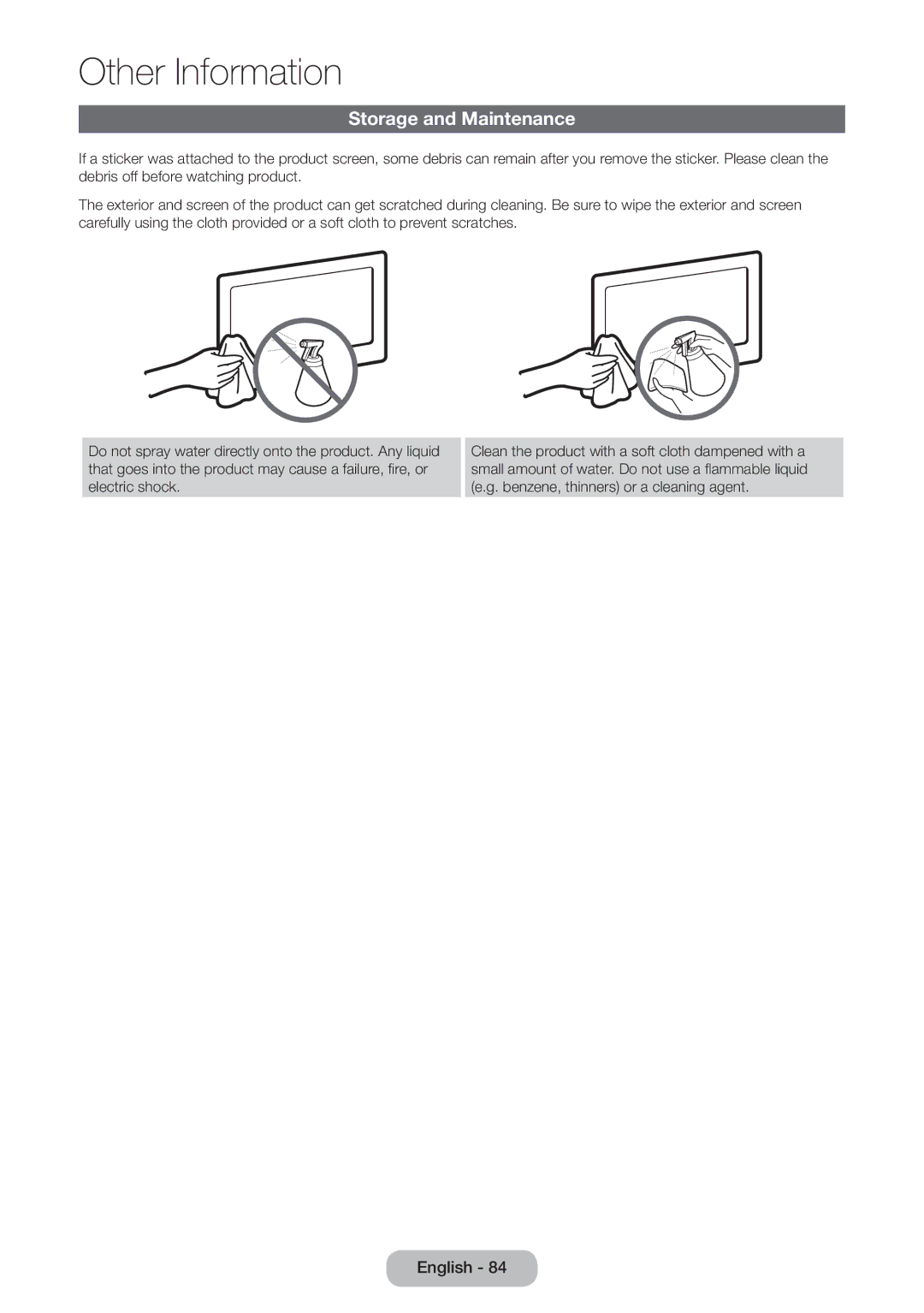 Samsung LT27D390EW/XE, LT27D390EW/EN, LT24D391EW/EN, LT24D590EW/EN, LT22D390EW/EN, LT22D390EWB/EN manual Storage and Maintenance 