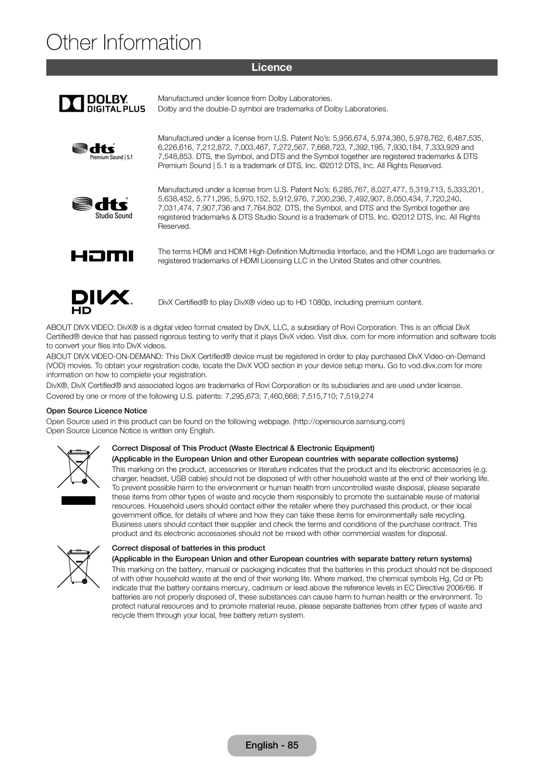 Samsung LT24D391EX/RU, LT27D390EW/EN, LT24D391EW/EN, LT24D590EW/EN manual Licence, HD 1080p, including premium content 