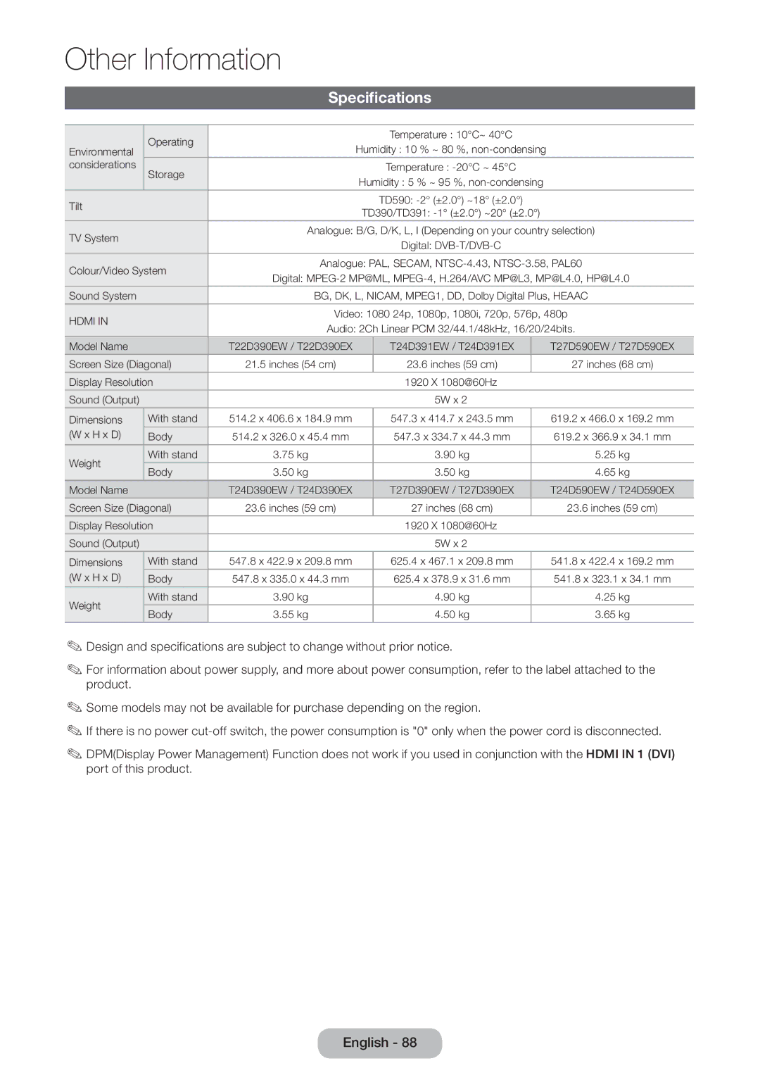 Samsung LT27D390EW/EN, LT24D391EW/EN, LT24D590EW/EN, LT22D390EW/EN, LT22D390EWB/EN manual Specifications, Colour/Video System 