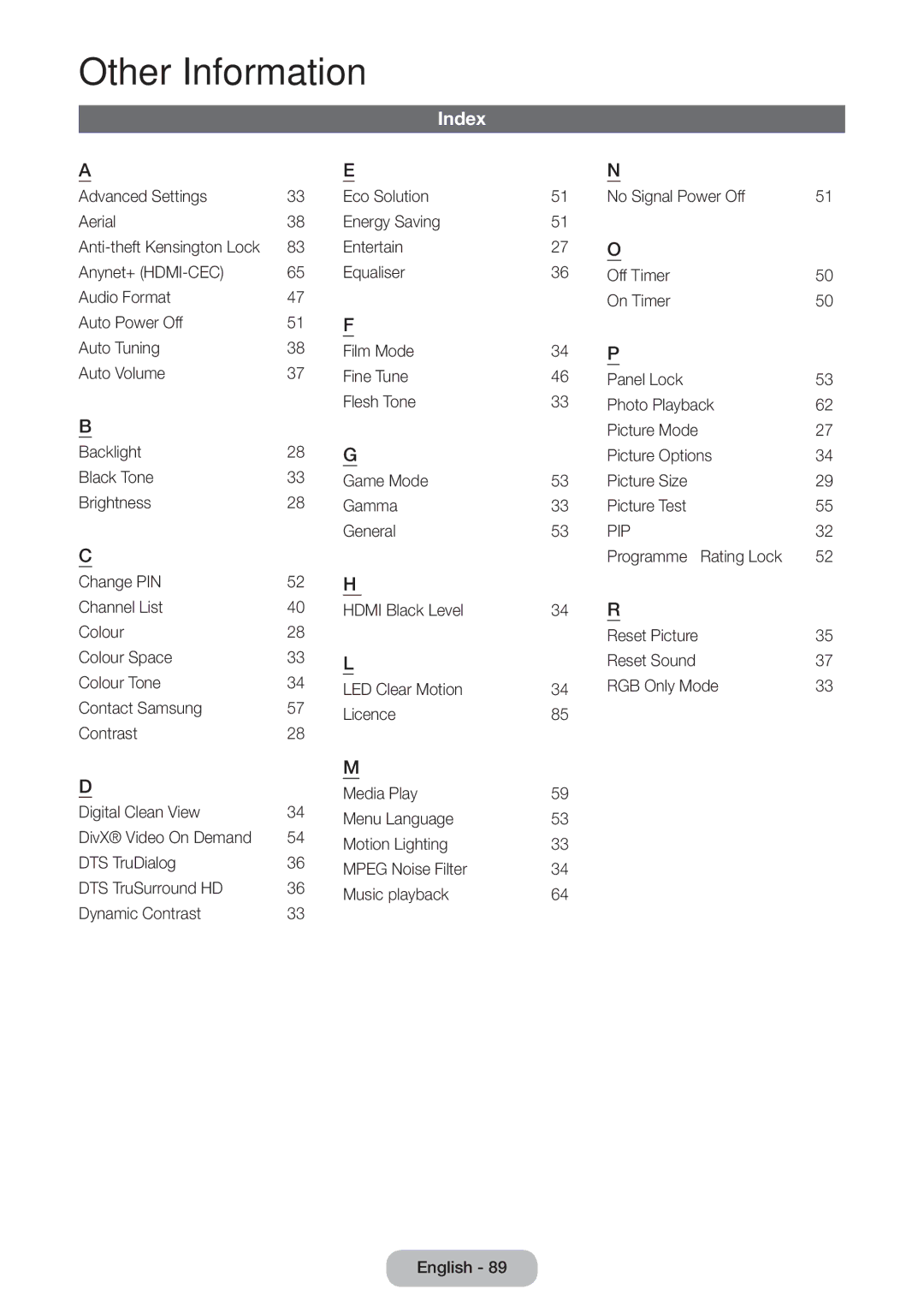 Samsung LT24D391EW/EN, LT27D390EW/EN, LT24D590EW/EN, LT22D390EW/EN, LT22D390EWB/EN, LT24D390EW/EN, LT27D590EW/EN Index, Pip 