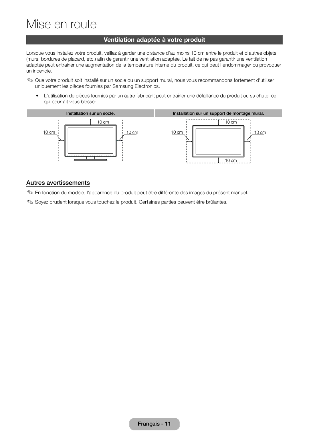 Samsung LT22D390EWB/EN, LT27D390EW/EN, LT24D391EW/EN manual Ventilation adaptée à votre produit, Autres avertissements 