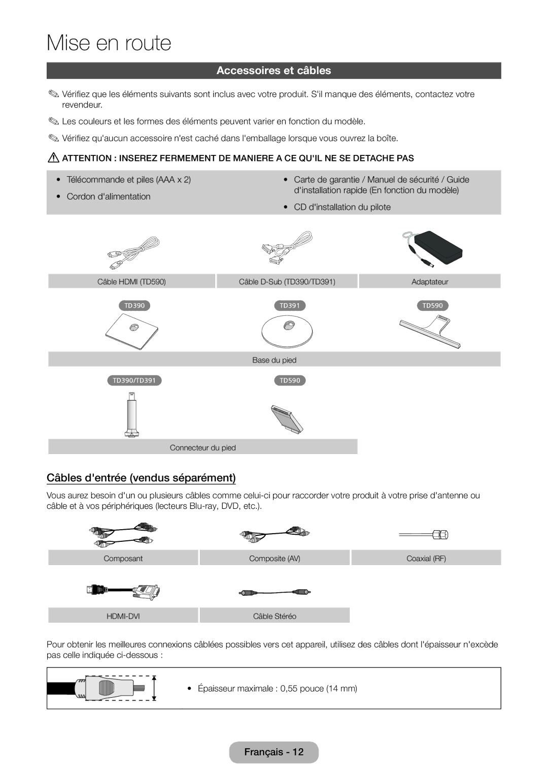 Samsung LT24D390EW/EN, LT27D390EW/EN, LT24D391EW/EN, LT24D590EW/EN Accessoires et câbles, Câbles dentrée vendus séparément 