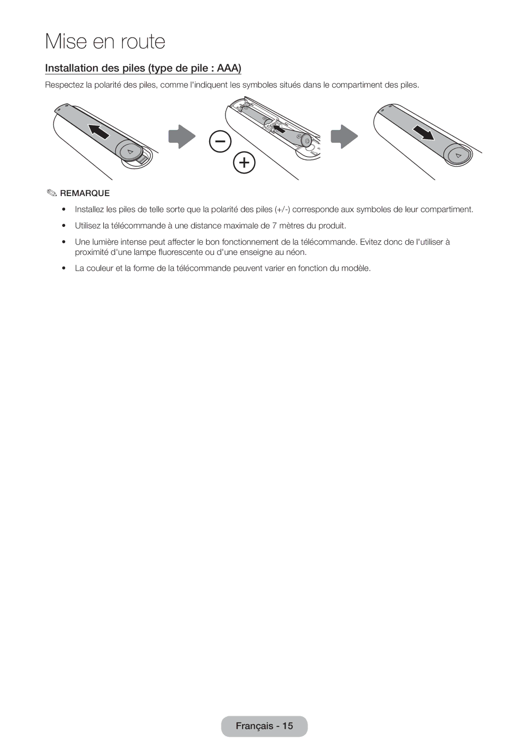 Samsung LT24D391EW/EN, LT27D390EW/EN, LT24D590EW/EN, LT22D390EW/EN manual Installation des piles type de pile AAA, Remarque 