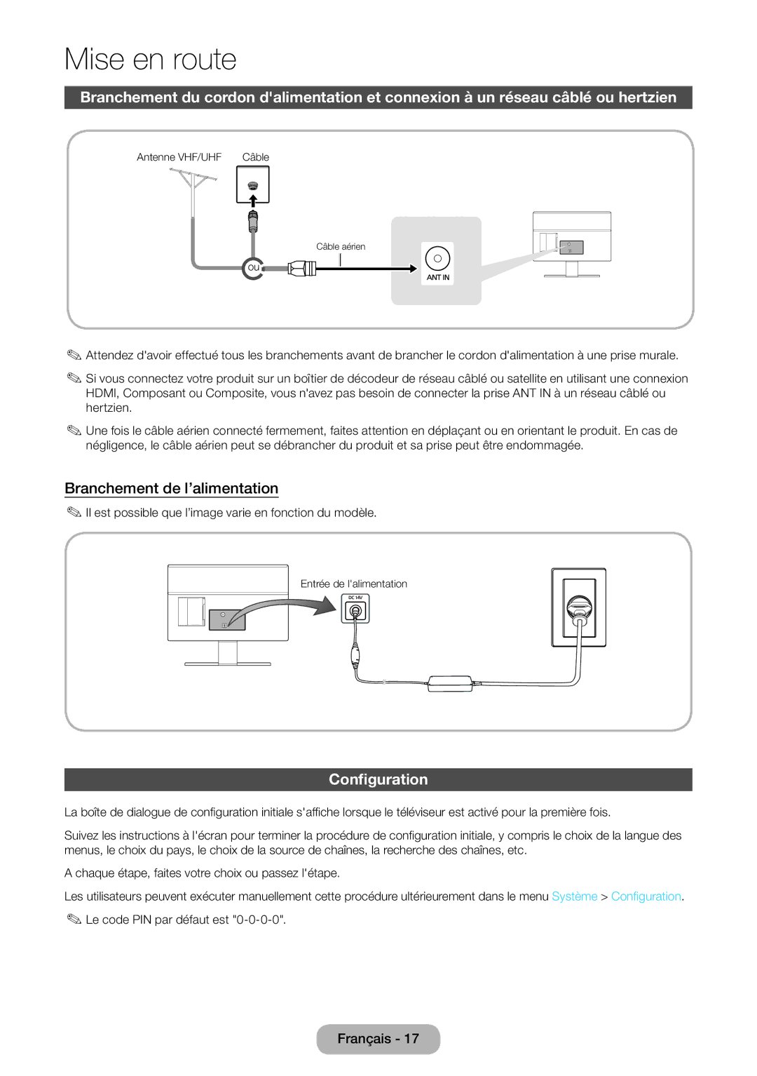 Samsung LT22D390EW/EN, LT27D390EW/EN, LT24D391EW/EN, LT24D590EW/EN manual Branchement de l’alimentation, Configuration 