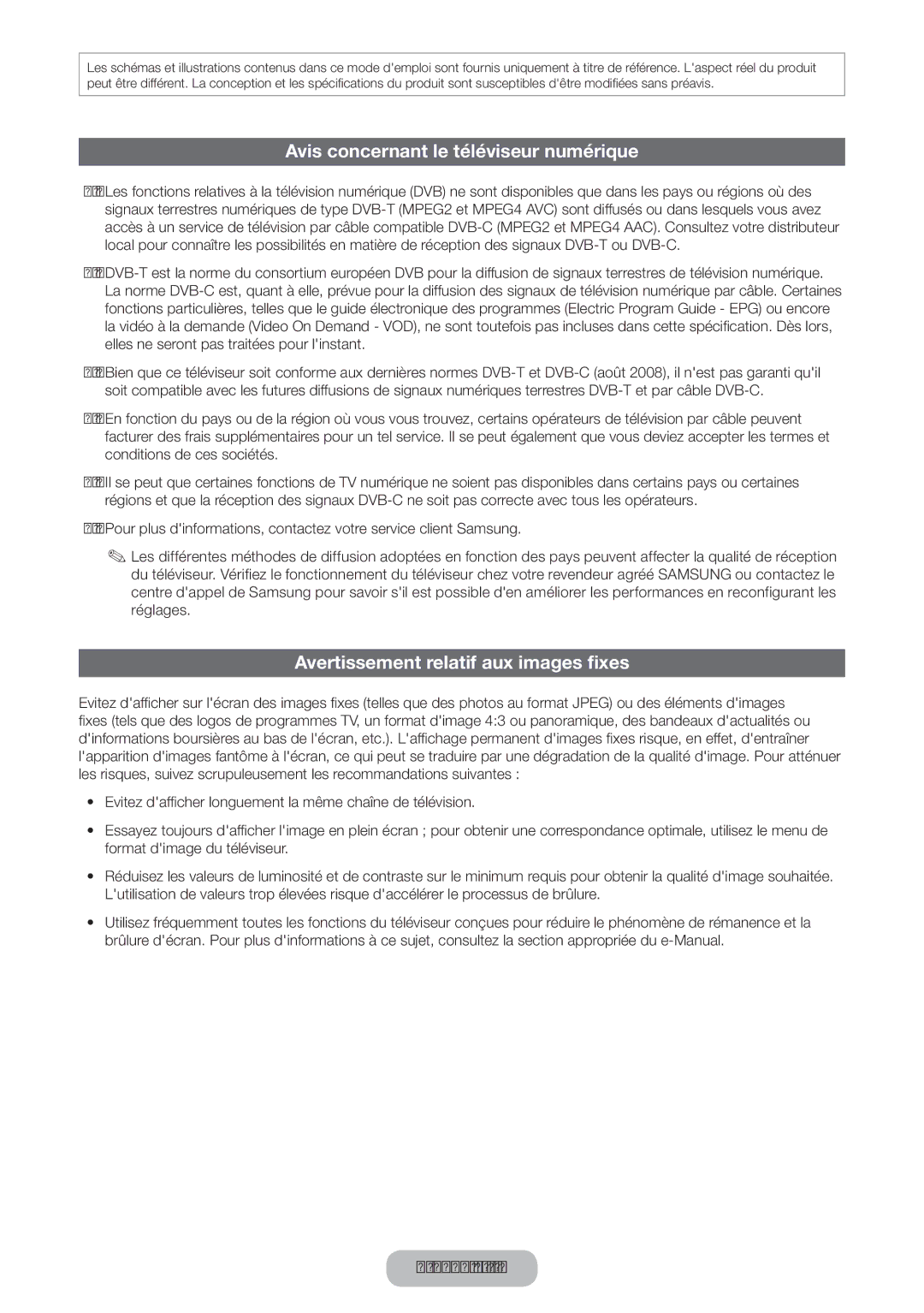 Samsung LT24D590EW/EN, LT27D390EW/EN manual Avis concernant le téléviseur numérique, Avertissement relatif aux images fixes 