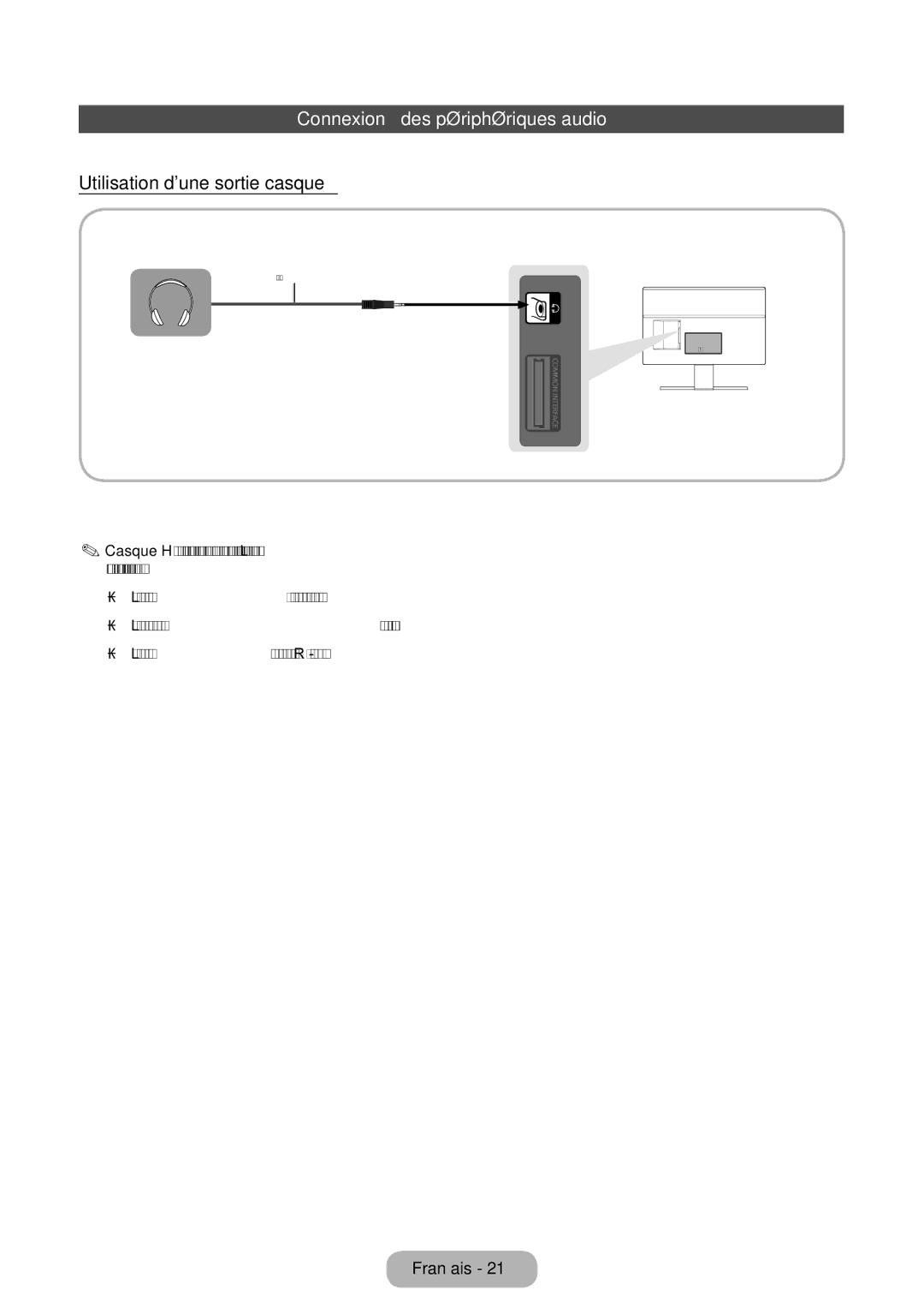 Samsung LT27D390EW/EN, LT24D391EW/EN, LT24D590EW/EN Connexion à des périphériques audio, Utilisation dune sortie casque 