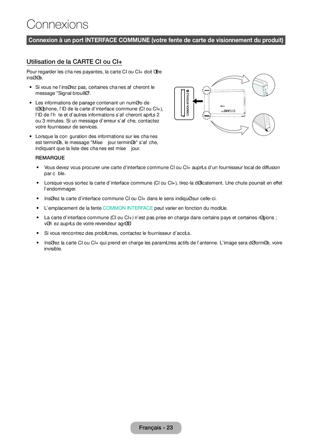 Samsung LT24D590EW/EN, LT27D390EW/EN, LT24D391EW/EN, LT22D390EW/EN, LT22D390EWB/EN manual Utilisation de la Carte CI ou CI+ 