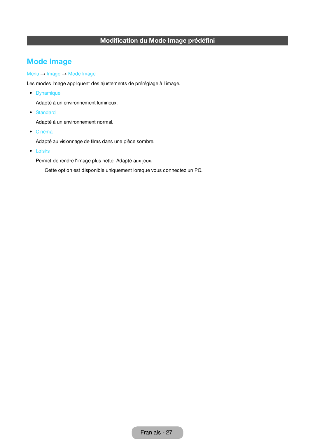 Samsung LT27D590EW/EN, LT27D390EW/EN, LT24D391EW/EN, LT24D590EW/EN, LT22D390EW/EN Modification du Mode Image prédéfini⁜⤠ 
