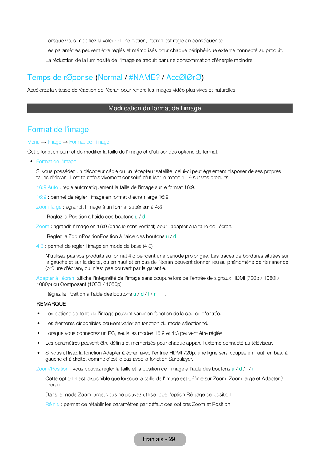 Samsung LT24D391EW/EN Temps de réponse Normal / #NAME? / Accéléré, Format de limage, Modification du format de limage⁜ 