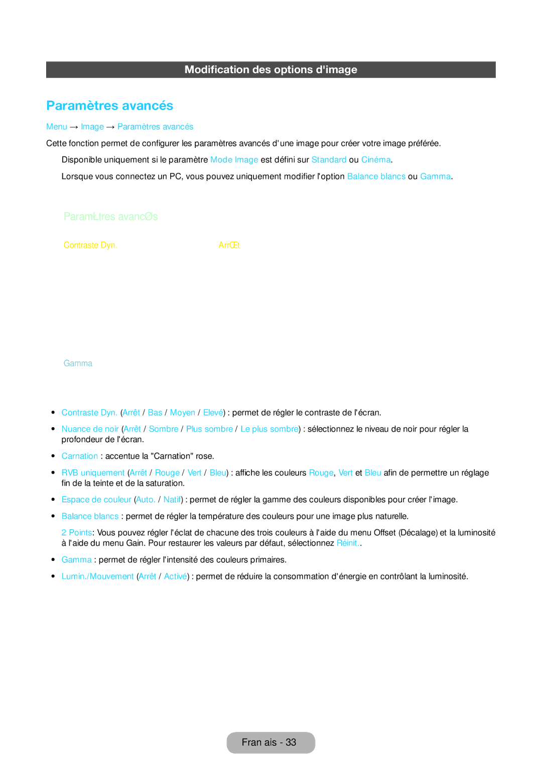 Samsung LT24D390EW/EN, LT27D390EW/EN, LT24D391EW/EN Modification des options dimage, Menu → Image → Paramètres avancés 