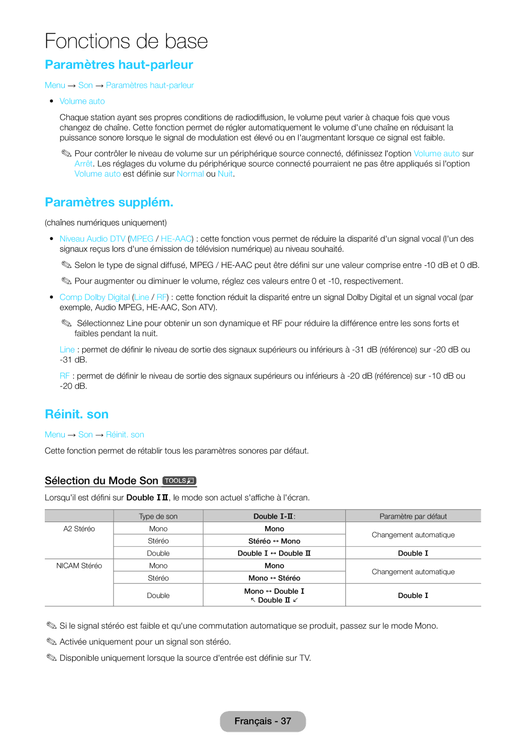 Samsung LT24D590EW/EN, LT27D390EW/EN Paramètres haut-parleur, Paramètres supplém, Réinit. son, Sélection du Mode Son t 