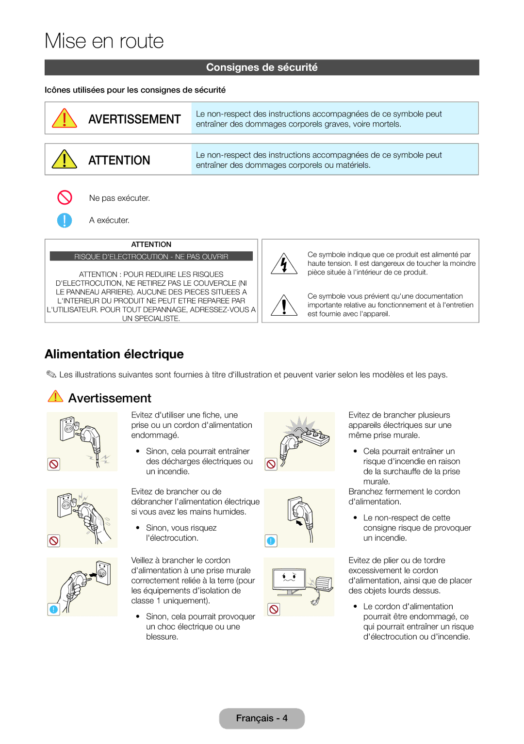 Samsung LT22D390EWB/EN Alimentation électrique, Consignes de sécurité, Icônes utilisées pour les consignes de sécurité 