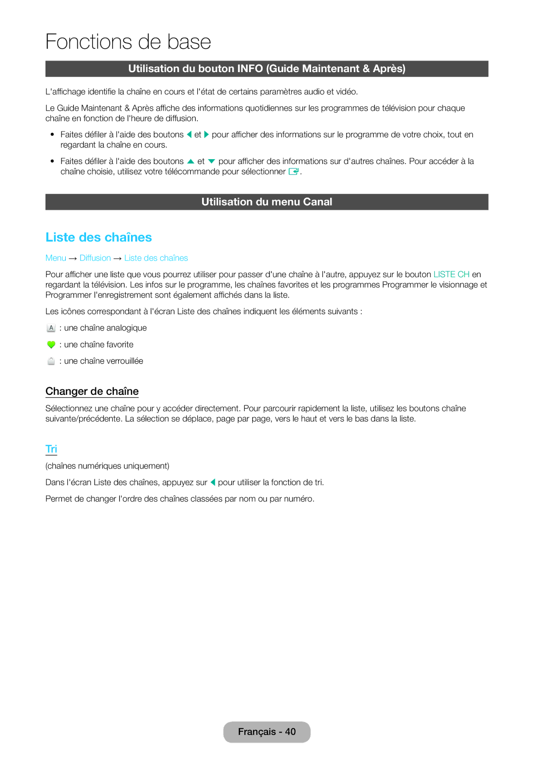 Samsung LT24D390EW/EN Liste des chaînes, Utilisation du bouton Info Guide Maintenant & Après, Utilisation du menu Canal 