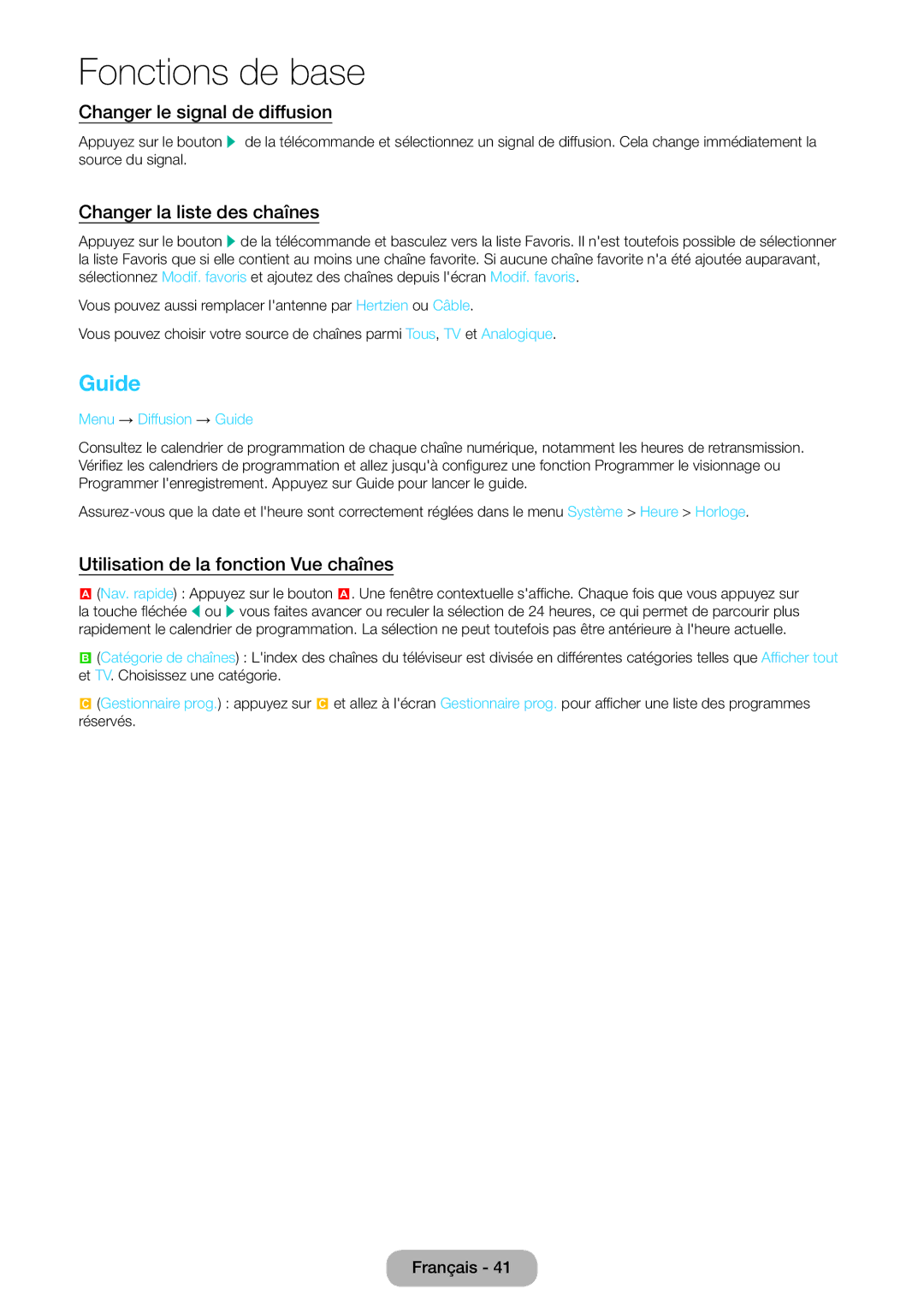 Samsung LT27D590EW/EN manual Changer le signal de diffusion, Changer la liste des chaînes, Menu → Diffusion → Guide 