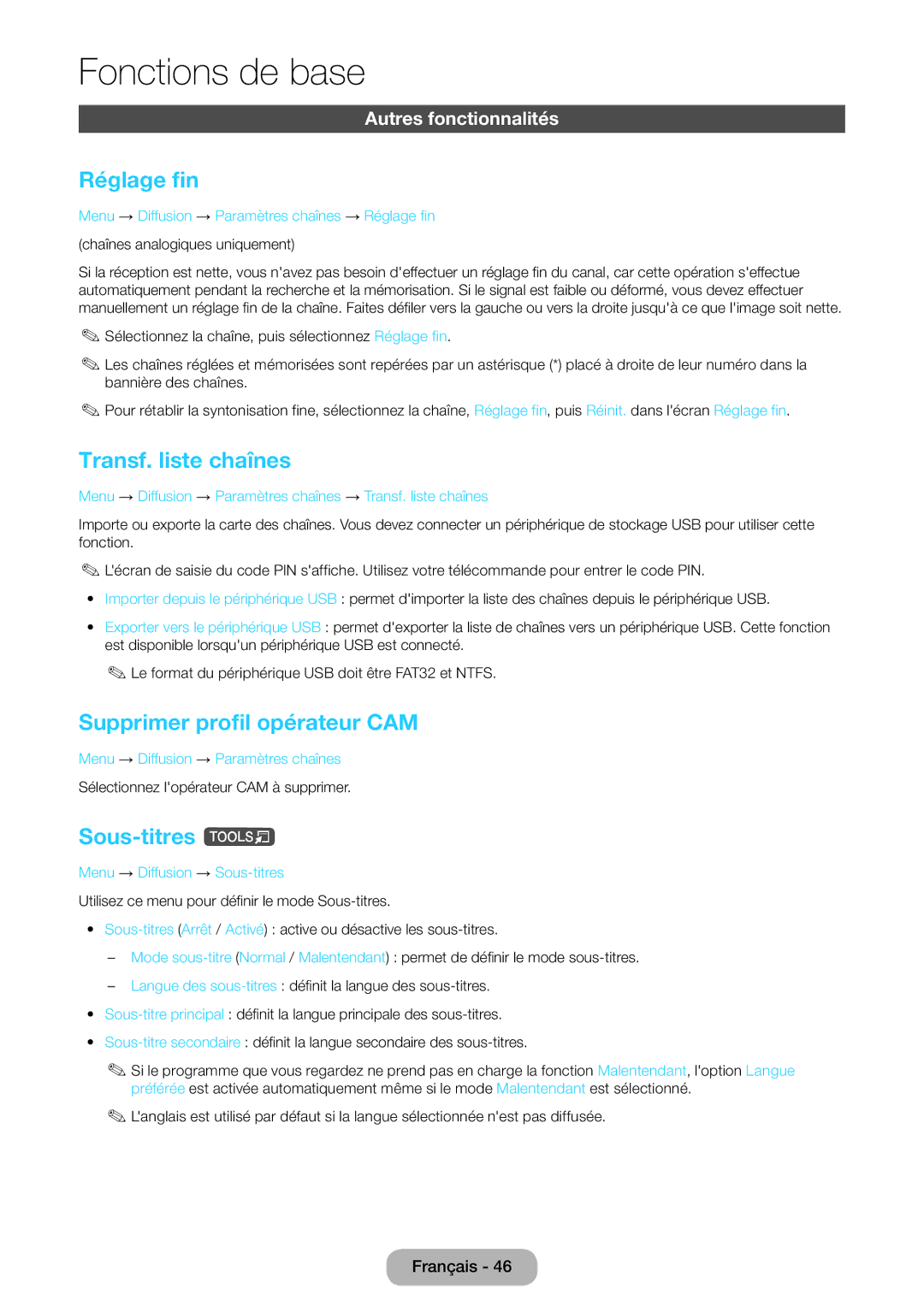 Samsung LT22D390EWB/EN, LT27D390EW/EN Réglage fin, Transf. liste chaînes, Supprimer profil opérateur CAM, Sous-titres t 