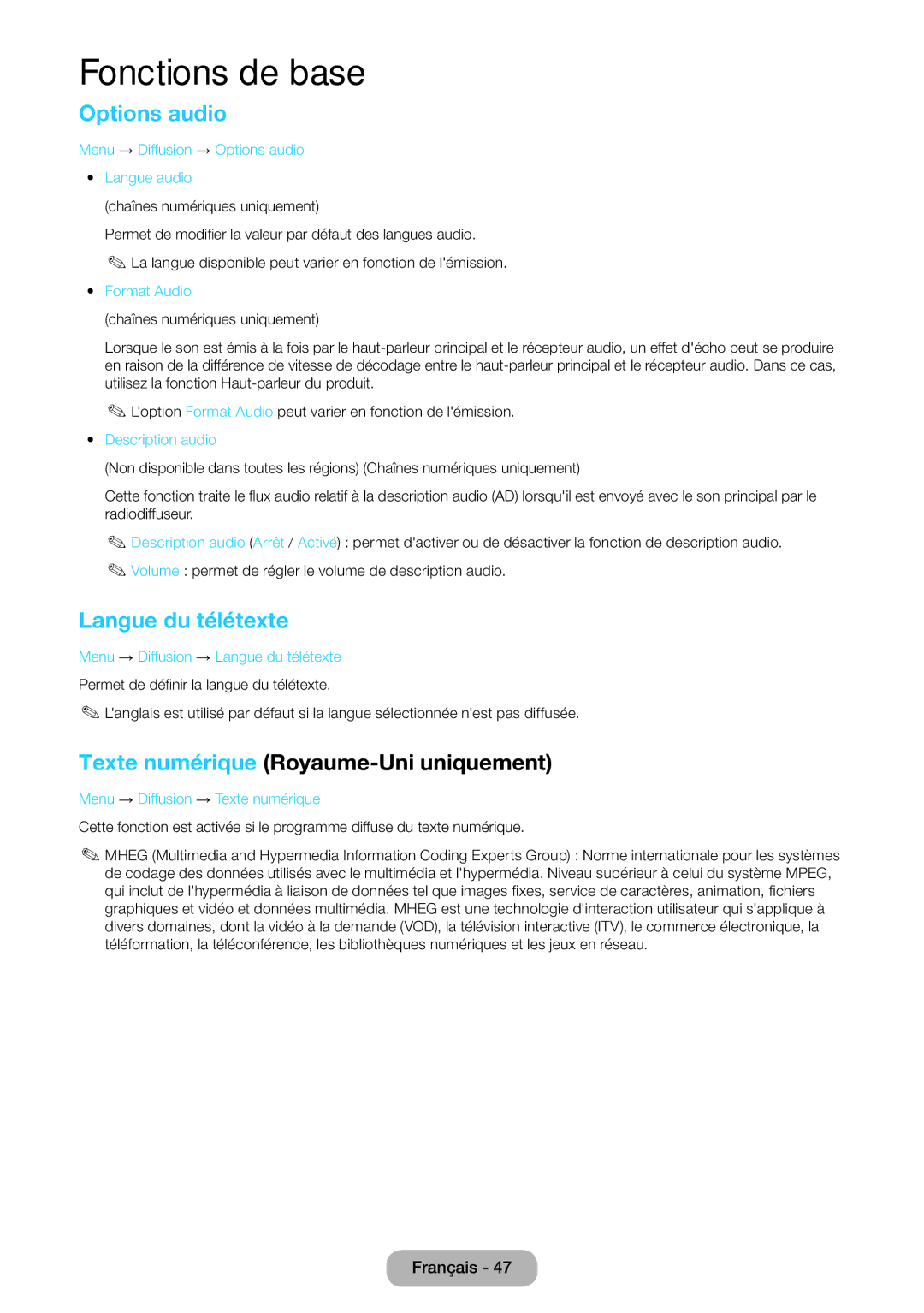 Samsung LT24D390EW/EN, LT27D390EW/EN manual Options audio, Langue du télétexte, Texte numérique Royaume-Uni uniquement 