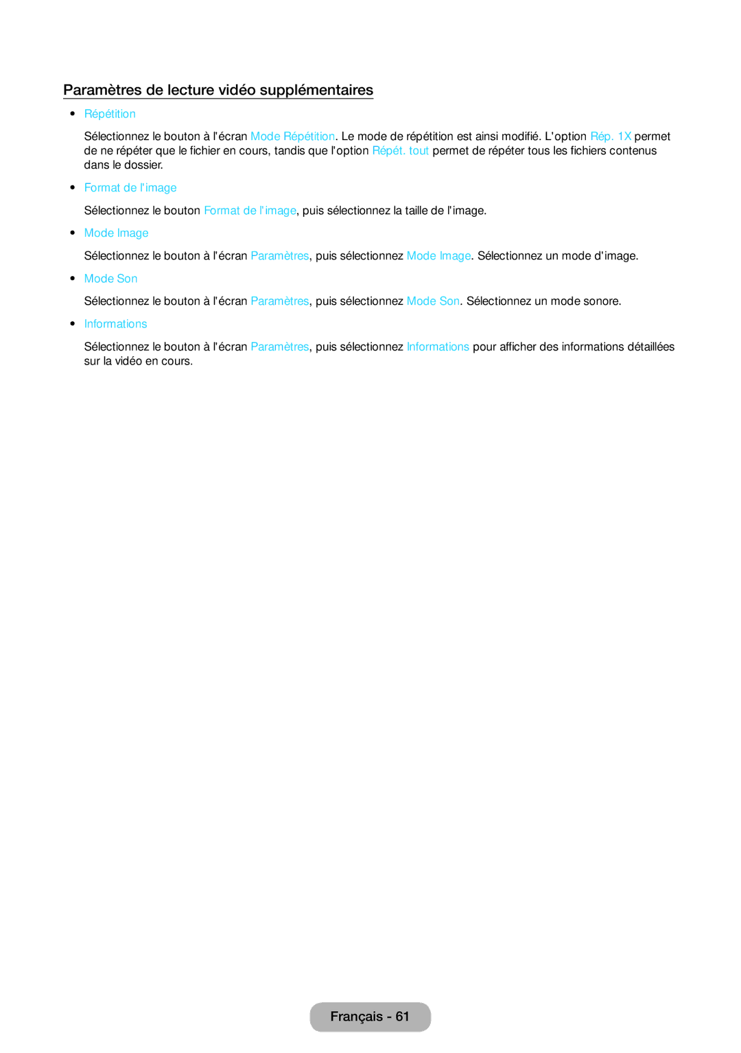 Samsung LT24D390EW/EN manual Paramètres de lecture vidéo supplémentaires, Répétition, Mode Image, Mode Son, Informations 