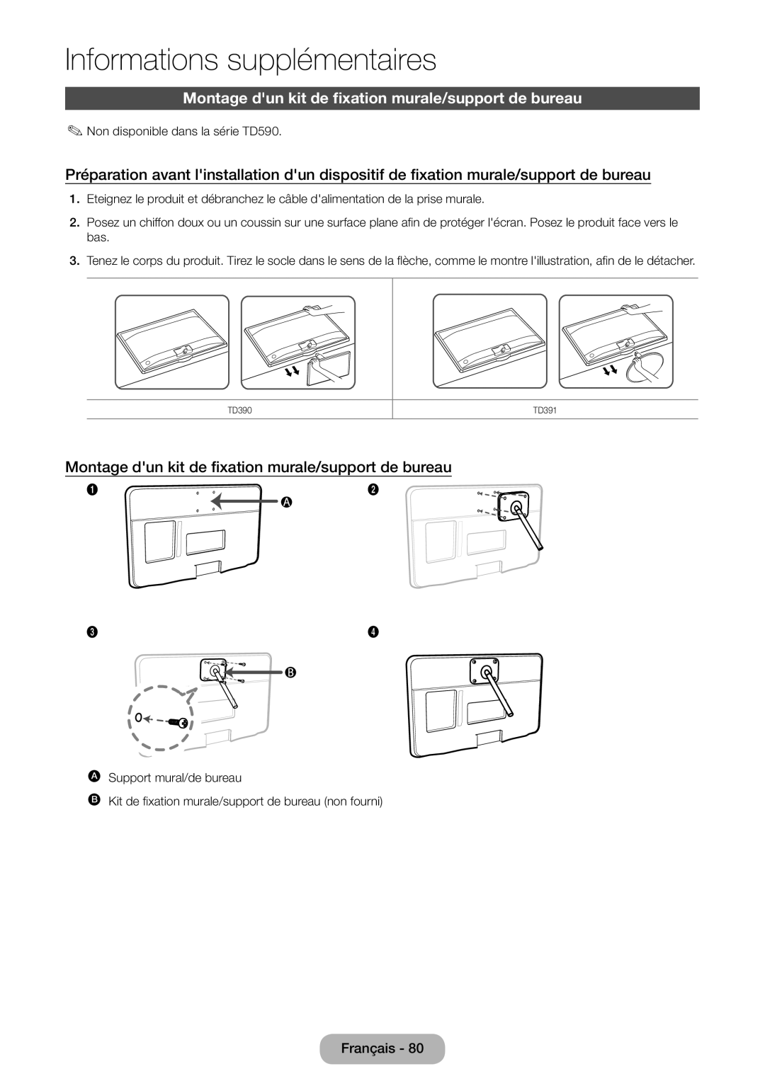 Samsung LT22D390EW/EN manual Montage dun kit de fixation murale/support de bureau, Non disponible dans la série TD590 