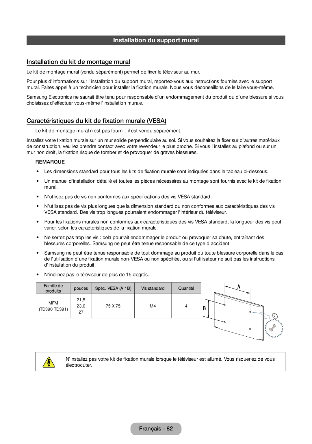 Samsung LT24D390EW/EN Installation du support mural, Installation du kit de montage mural, Provoquer de graves blessures 