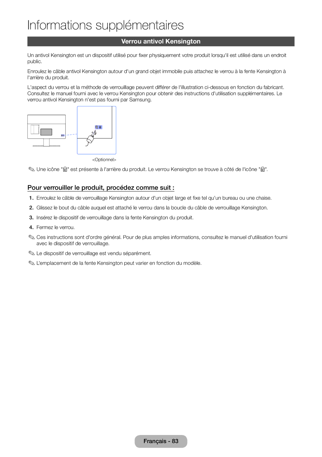 Samsung LT27D590EW/EN, LT27D390EW/EN manual Verrou antivol Kensington, Pour verrouiller le produit, procédez comme suit 