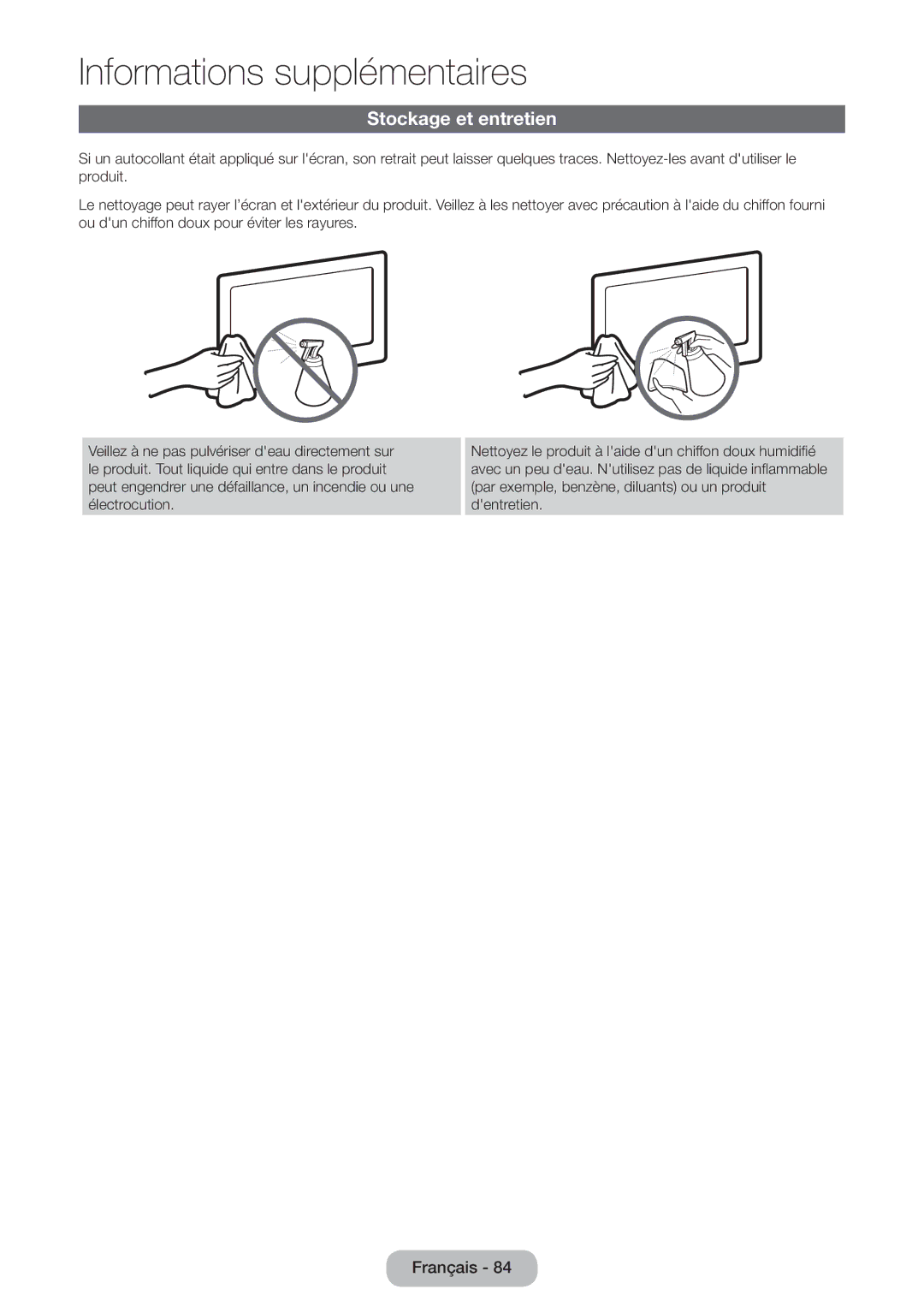 Samsung LT27D390EW/EN, LT24D391EW/EN, LT24D590EW/EN, LT22D390EW/EN, LT22D390EWB/EN, LT24D390EW/EN manual Stockage et entretien 