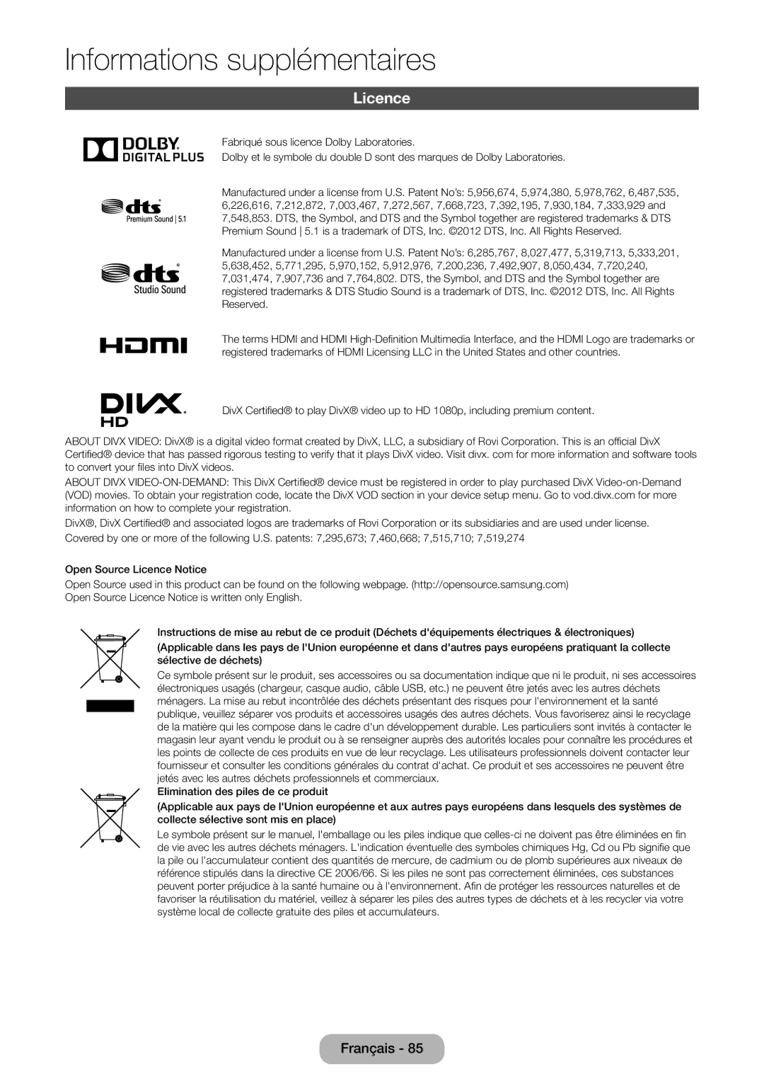 Samsung LT24D391EW/EN, LT27D390EW/EN, LT24D590EW/EN, LT22D390EW/EN manual Licence, HD 1080p, including premium content 